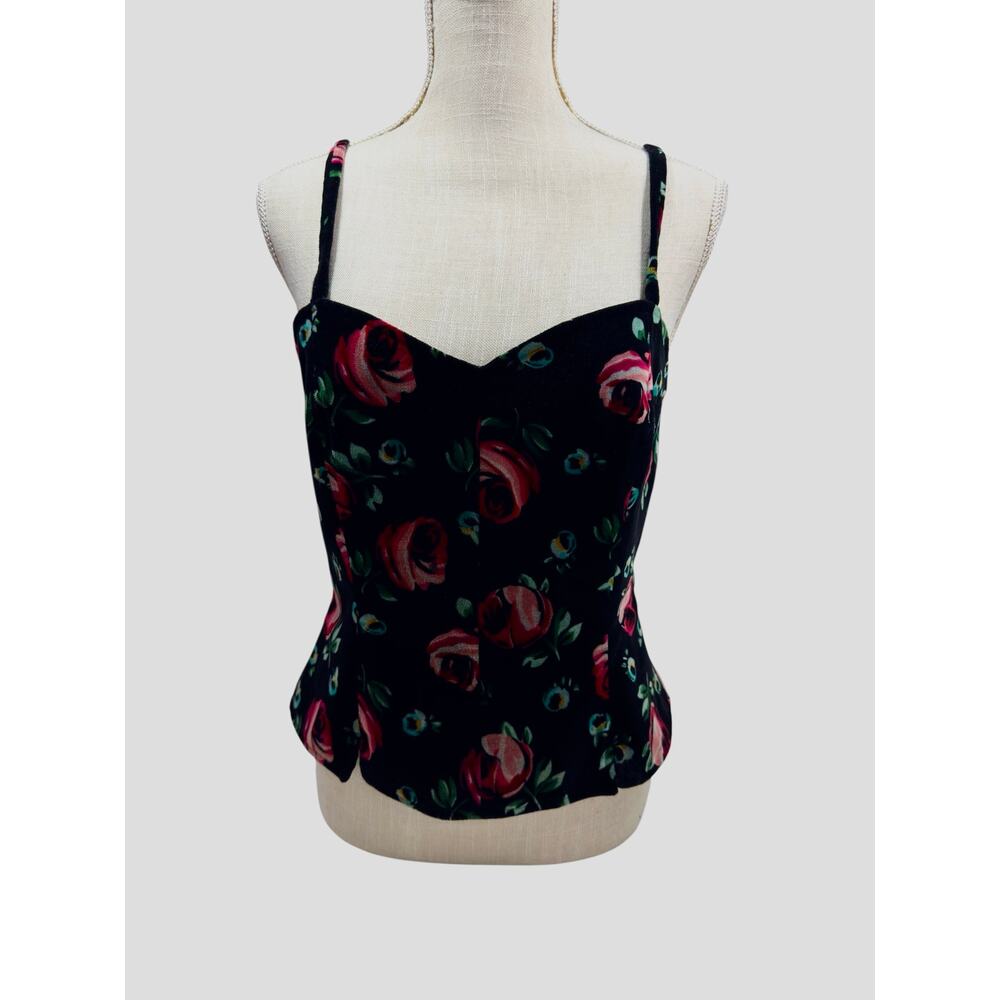 Vintage ESPRIT Black Velvet Floral Corset Bustier Crop Top Y2K Fairy Core